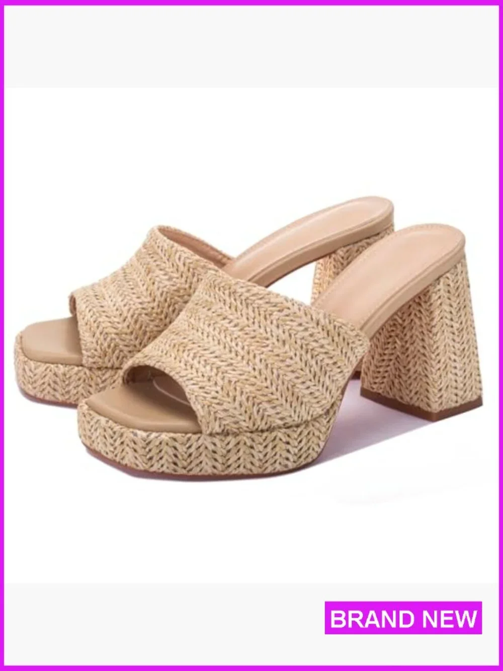 Platform Raffia Heeled Sandals Wedge Slip On Block Heel Chunky Summer Beach